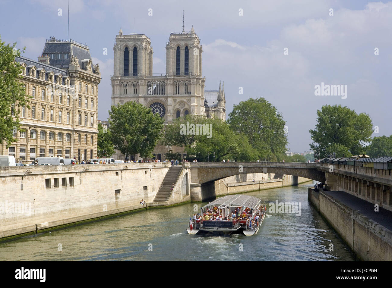France, Paris, cathedral Notre lady, his, excursion boat, capital, church, structure, Gothic, sacred construction, Notre lady's cathedral, place of interest, landmark, river, boat, ship, riverboat journey, navigation, tourist, sightseeing, destination, tourism, city travel, Stock Photo