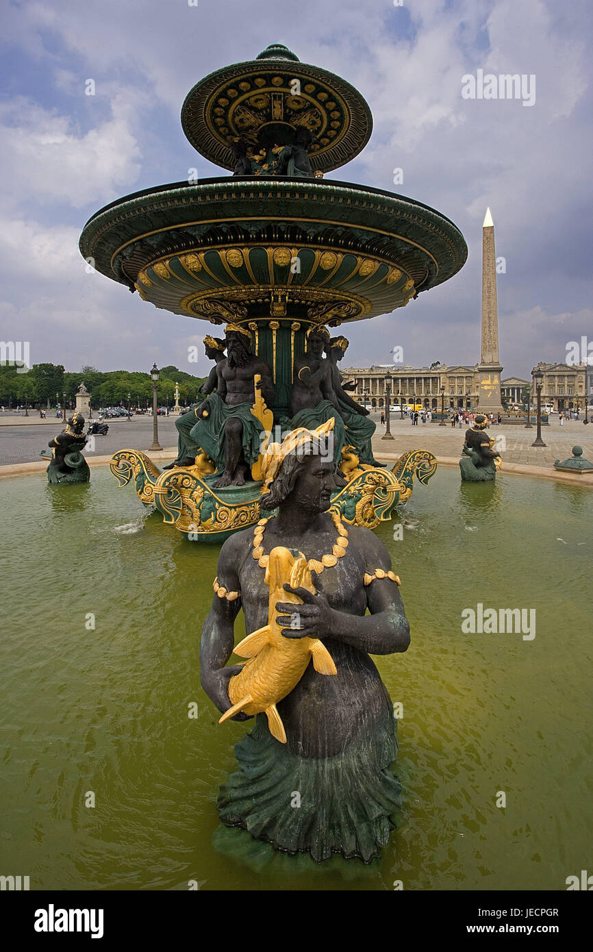 France, Paris, Place de la Concorde, fountains, obelisk, capital, square, fountain, well, south well, water, jet, well character, in 1836-1854, place of interest, destination, tourism, Stock Photo