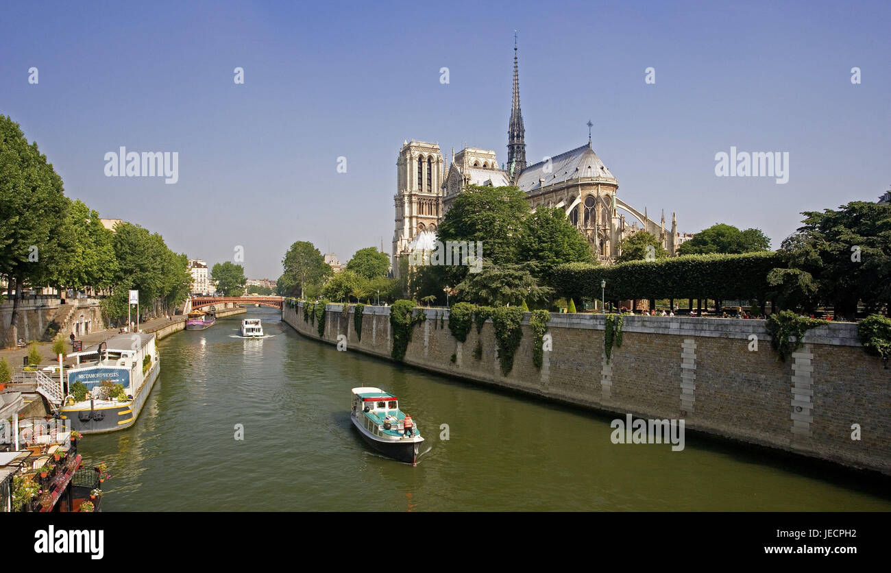 France, Paris, cathedral Notre lady, his, excursion boats, capital, church, structure, Gothic, sacred construction, Notre lady's cathedral, place of interest, landmark, river, boat, ship, riverboat journey, destination, tourism, Stock Photo
