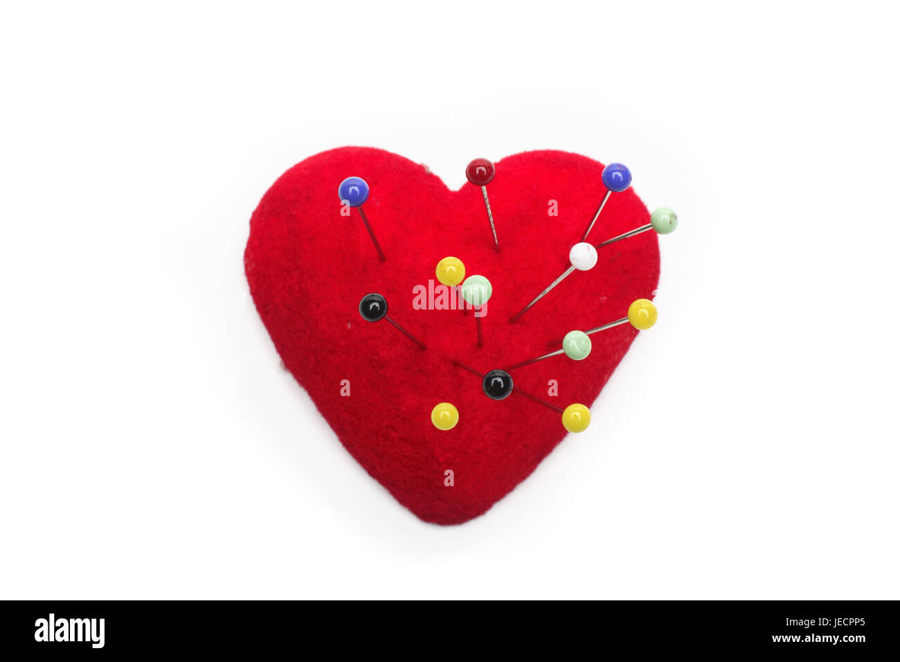 Pincushions, heart form, red, pins Stock Photo Alamy