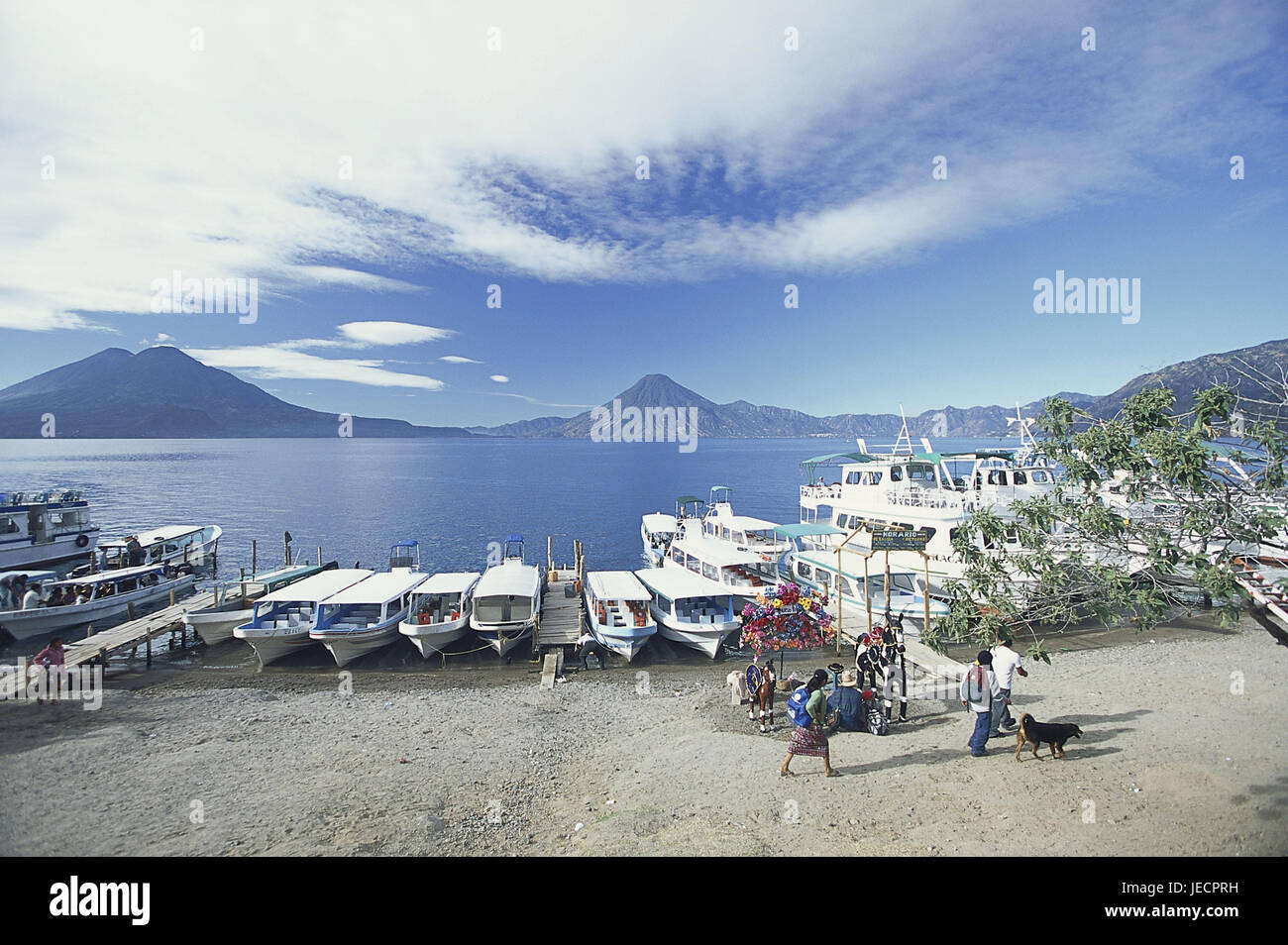 Guatemala, Lago De Atitlan, Panajachel, beach, boats, view, volcano