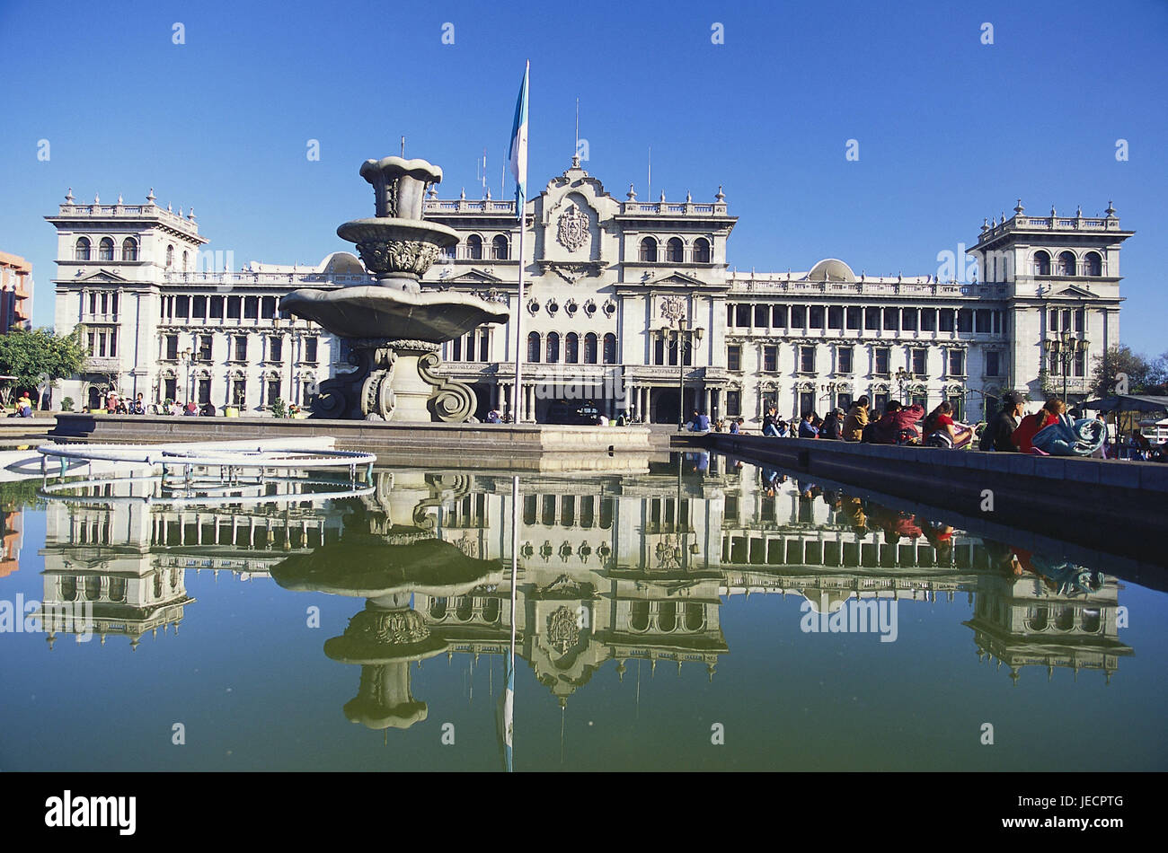 Guatemala, Guatemala city, Palacio National de la Cultura, mirroring, water surface, Central America, Latin America, town, capital, building, structure, architecture, place of interest, culture, museum, museum building, water, person, outside, Stock Photo