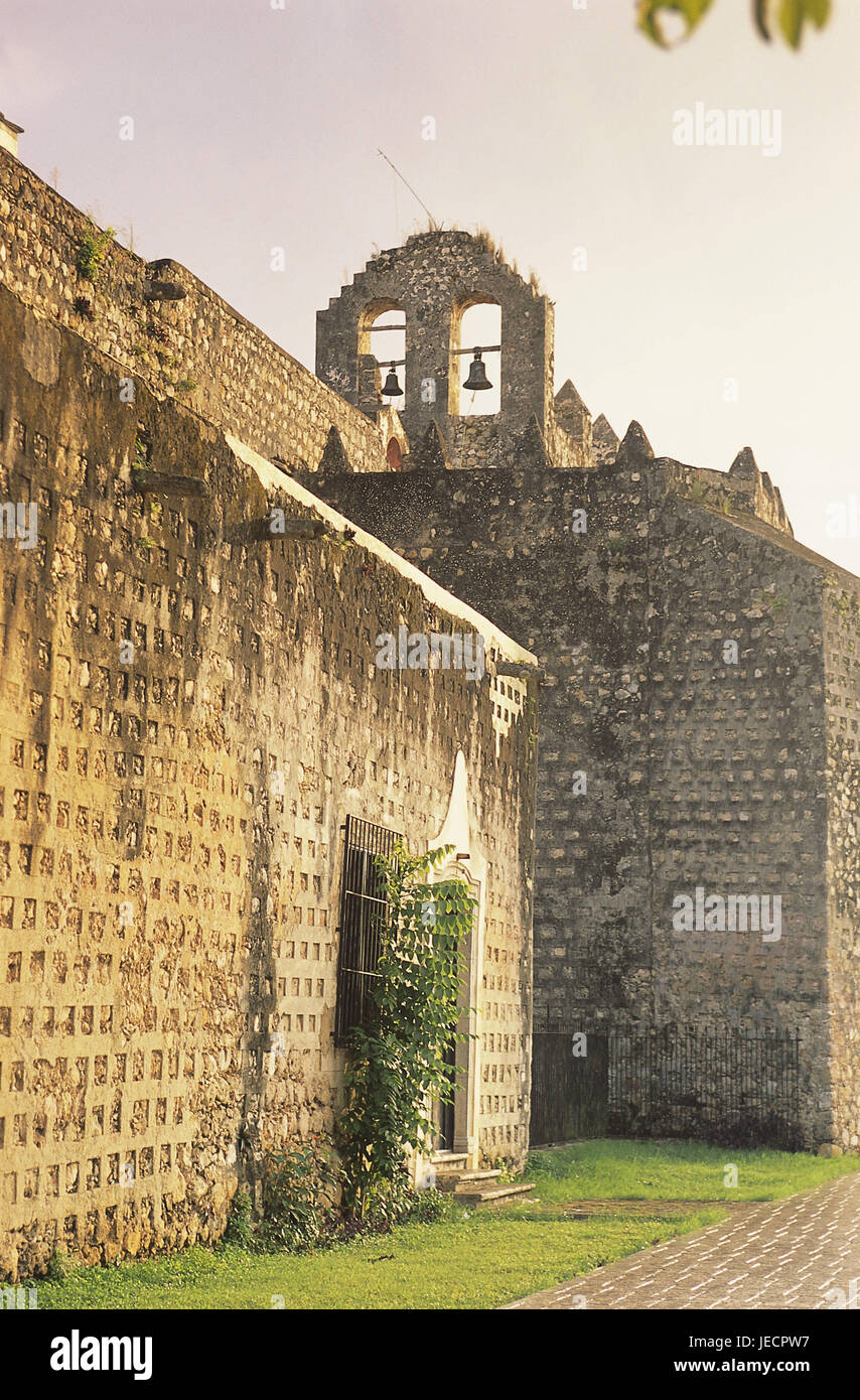 Mexico, peninsula Yucatan, Valladolid, cloister of San Bernardino, ruin, Central America, destination, place of interest, tourism, culture, architecture, remains, buildings, structure, cloister building, defensive walls, outside, deserted, Stock Photo