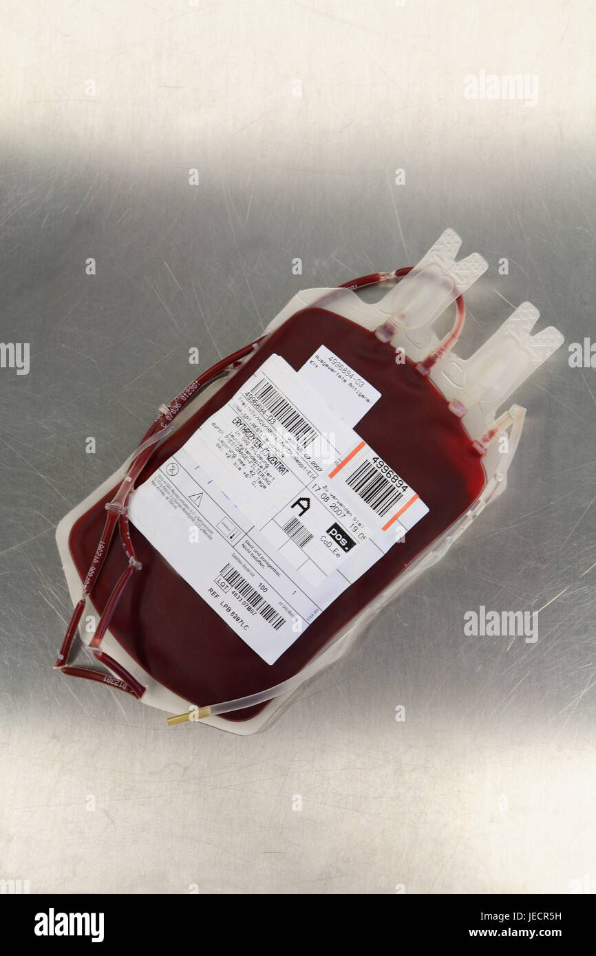 Unit of stored blood, erythrocyte concentrate, medicine, metal table, hospital, blood bank, blood, make a donation, blood donation, multi component donation, Apheresespende, blood bag, donor's blood, blood group, blood donation bag, labels, etiquettes, marking, marked, bar code, erythrocyte, concentrate, hemotherapy, icon, emergency, emergency therapy, life-saving, life rescue, emergency medicine, expiry date, inside, Stock Photo