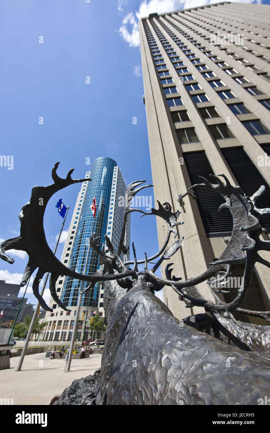 Canada, Manitoba, Winnipeg, high rises, Canwest Place, Richardson Building, bronze statue, 'Seal River Crossing', caribou, detail, Stock Photo