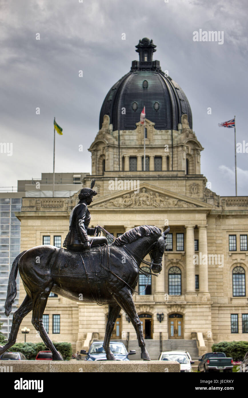 Canada, Saskatchewan, Regina, parliament, Legislative Building, equestrian statue, Queen Elizabeth II, Stock Photo