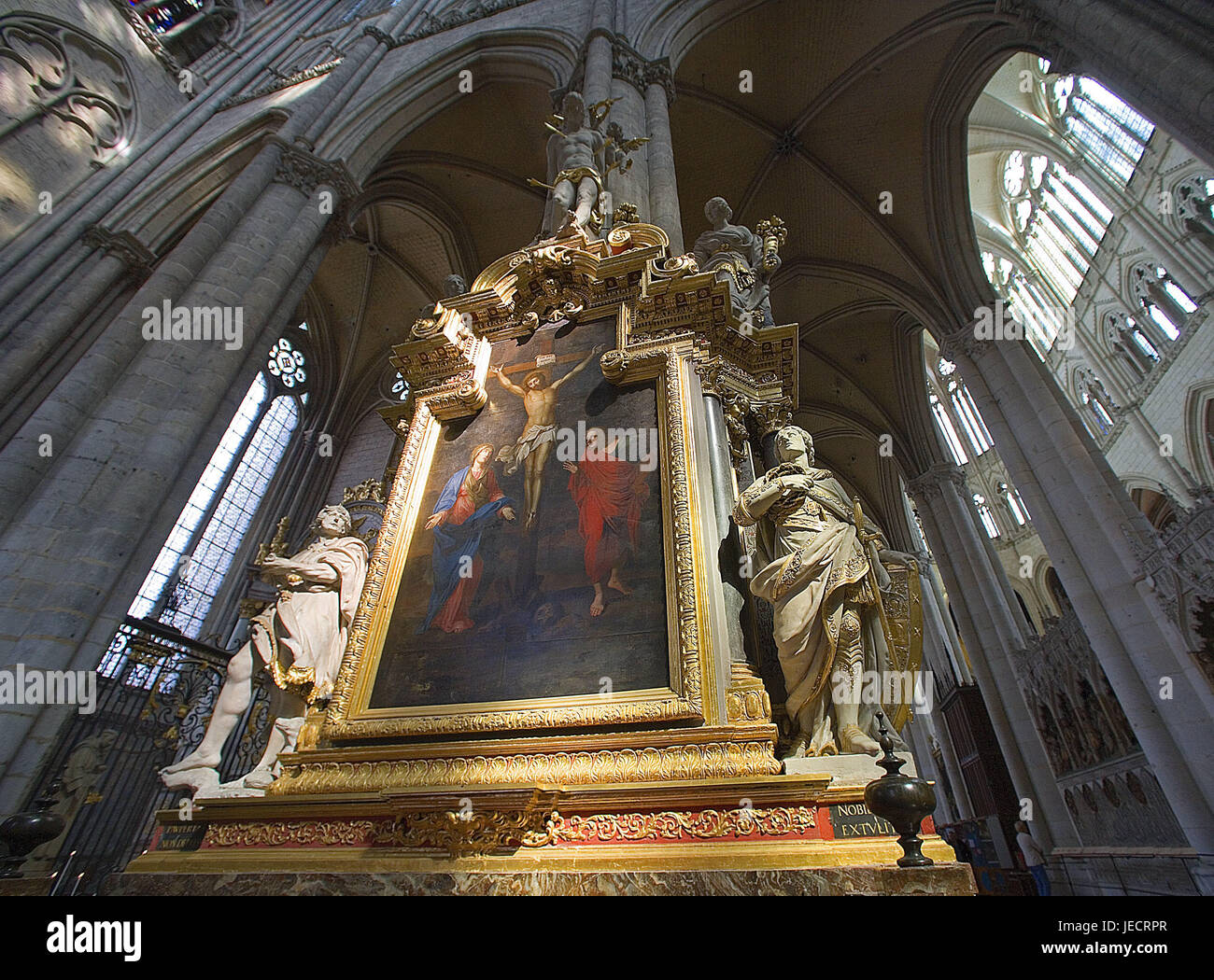 France, Picardy, Amiens, cathedral Notre lady, in 1220-1288, interior view, saint's picture, figures of a saint, Northern France, basilica, church, structure, architecture, statues, characters, representation, actions, story, place of interest, landmark, UNESCO-world cultural heritage, icon, faith, religion, Christianity, spirituality, Stock Photo