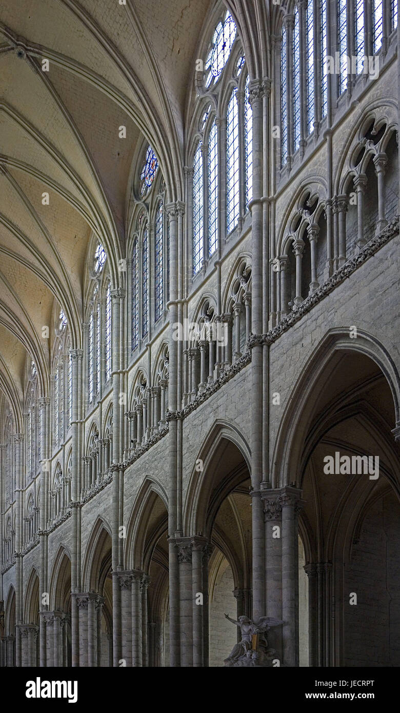 France, Picardy, Amiens, cathedral Notre lady, in 1220-1288, interior view, Northern France, basilica, church, structure, architecture, spike curves, pillars, windows, church windows, place of interest, landmark, UNESCO-world cultural heritage, icon, faith, religion, Christianity, spirituality, Stock Photo