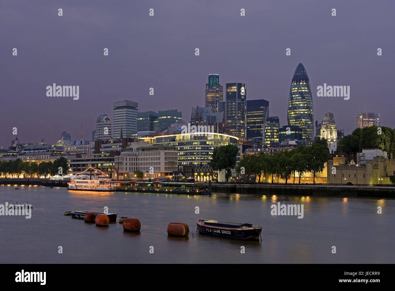 Great Britain, England, London, skyline, the Thames, dusk, capital, river, excursion boat, high-rise office blocks, high rises, Swiss Re Tower, Gherkin, architecture, structures, place of interest, destination, tourism, Stock Photo