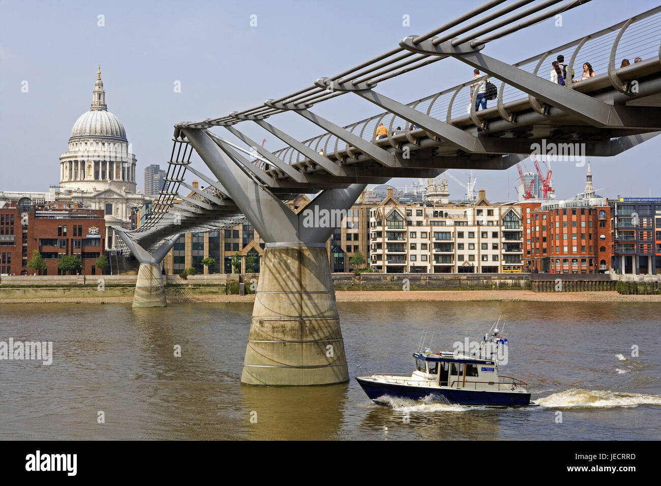 Great Britain, England, London, millennium Bridge, background, Cathedral of St Paul, capital, the Thames, boat, bridge, footbridge, person, town stroll, sightseeing, cathedral, church, architecture, place of interest, tourism, destination, Stock Photo