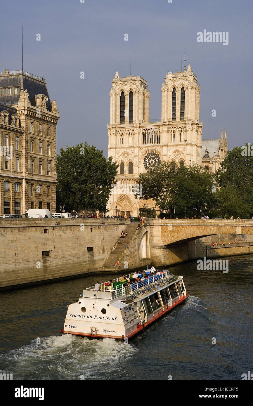 France, Paris, cathedral Notre lady, his, excursion boat, capital, church, structure, Gothic, sacred construction, Notre lady's cathedral, place of interest, landmark, river, boat, ship, riverboat journey, navigation, tourist, sightseeing, destination, tourism, city travel, Stock Photo