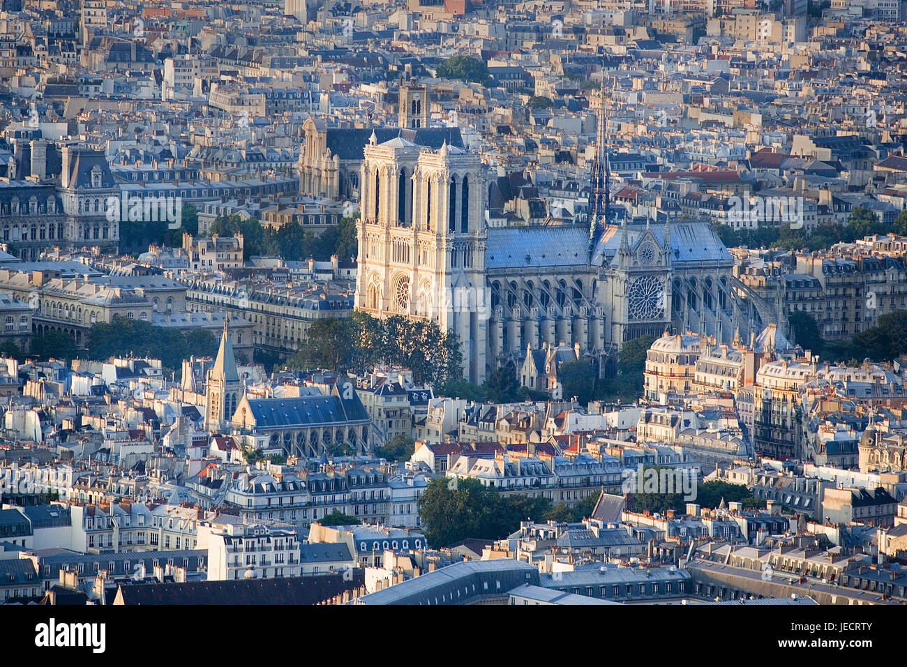 France, Paris, town view, cathedral Notre lady, capital, town, houses, buildings, church, structure, Gothic, sacred construction, Notre lady's cathedral, place of interest, landmark, destination, tourism, Stock Photo