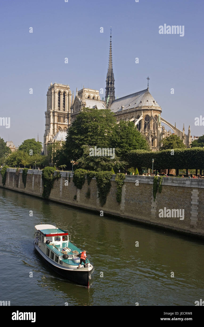 France, Paris, cathedral Notre lady, his, boat, capital, church, structure, Gothic, sacred construction, Notre lady's cathedral, place of interest, landmark, river, boat, ship, riverboat journey, destination, tourism, Stock Photo