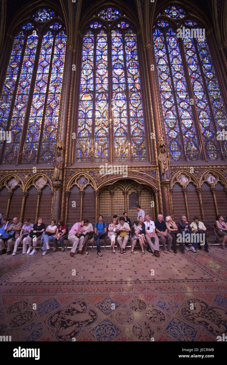 France, Paris, Sainte-Chapelle, interior view, tourist, capital, palace band, altar, church window, mosaic window, brightly, colourfully, architecture, place of interest, destination, tourism, person, tourist group, icon, faith, religion, Christianity, Stock Photo