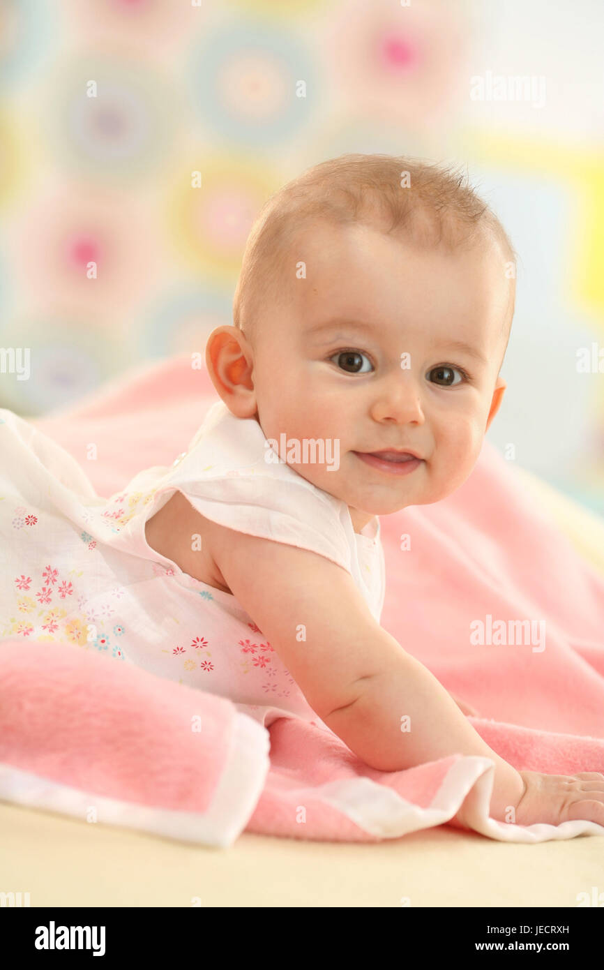 Baby, 6 months, sit, soft caps, view camera, summer, Stock Photo