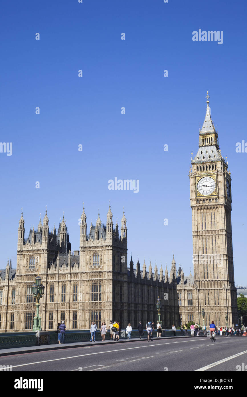 England, London, Westminster, Palace of Westminster, Big Ben, town, parliament, architecture, building, structure, landmark, monument, tourism, person, world cultural heritage, street, Stock Photo