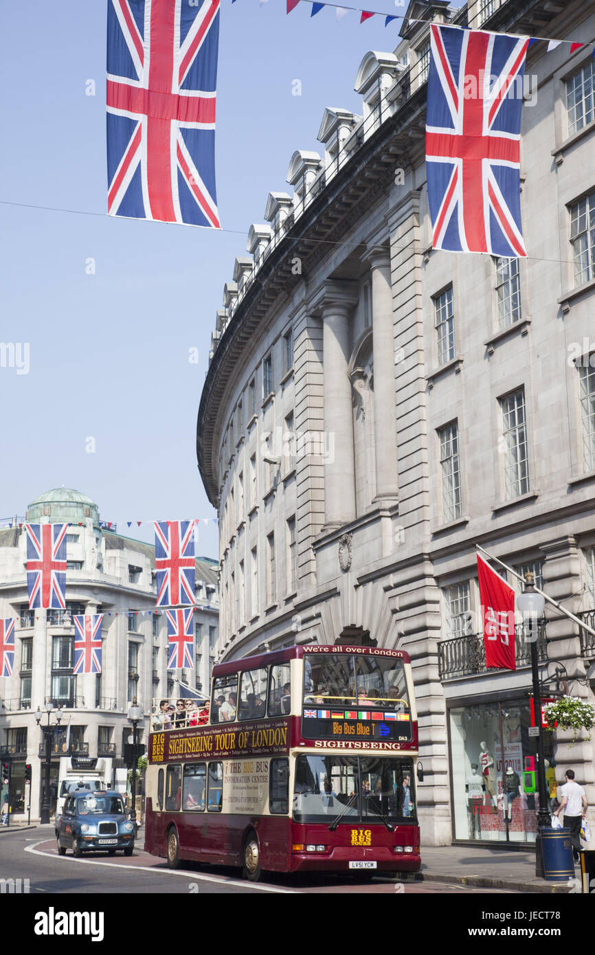 England, London, regent Street, national flags, sightseeing bus, town, architecture, building, structures, houses, bus, tourism, tourist, sightseeing, famously, street, car, Shoppingstrasse, shopping, double-decker bus, person, Stock Photo