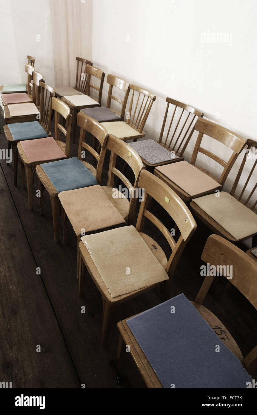 Rows, chairs, room, assembly room, seat opportunities, chair series, wooden chairs, old, side by side, lined up, seat editions, carpet pieces, differently, scanty, give, simply, paltry, poverty, blank, nobody, inside, Stock Photo