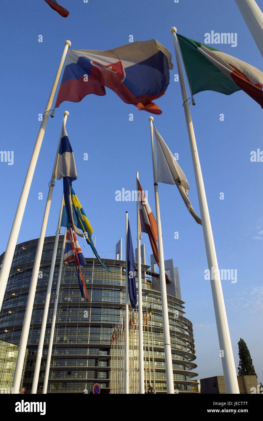France, Alsace, Strasbourg, European Parliament, chamber of deputies, flags, detail, Europe, architecture, building, structure, glass front, flags, nations, passed away, blow, European, flagpoles, glass front, construction, outside, deserted, Stock Photo