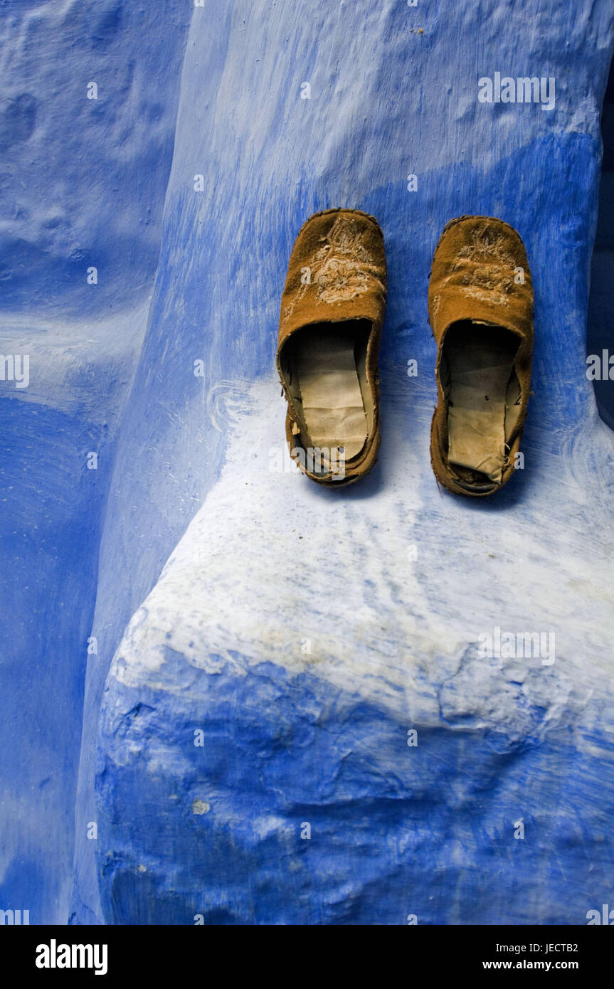 Morocco, Chefchaouen, house facade, blue, mules, outworn, Africa, house, building, house defensive wall, defensive wall, colour tuning, deserted, shoes, in pairs, Babouches, uses, carried, Stock Photo