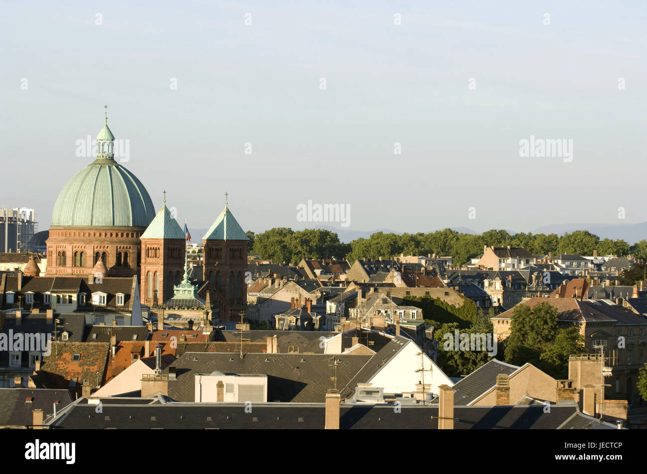 France, Alsace, Strasbourg, town view, church Saint Pierre le Jeune, dome, Europe, town, destination, place of interest, church, sacred construction, architecture, towers, houses, residential houses, roofs, house roofs, steeples, faith, religion, Christianity, Stock Photo
