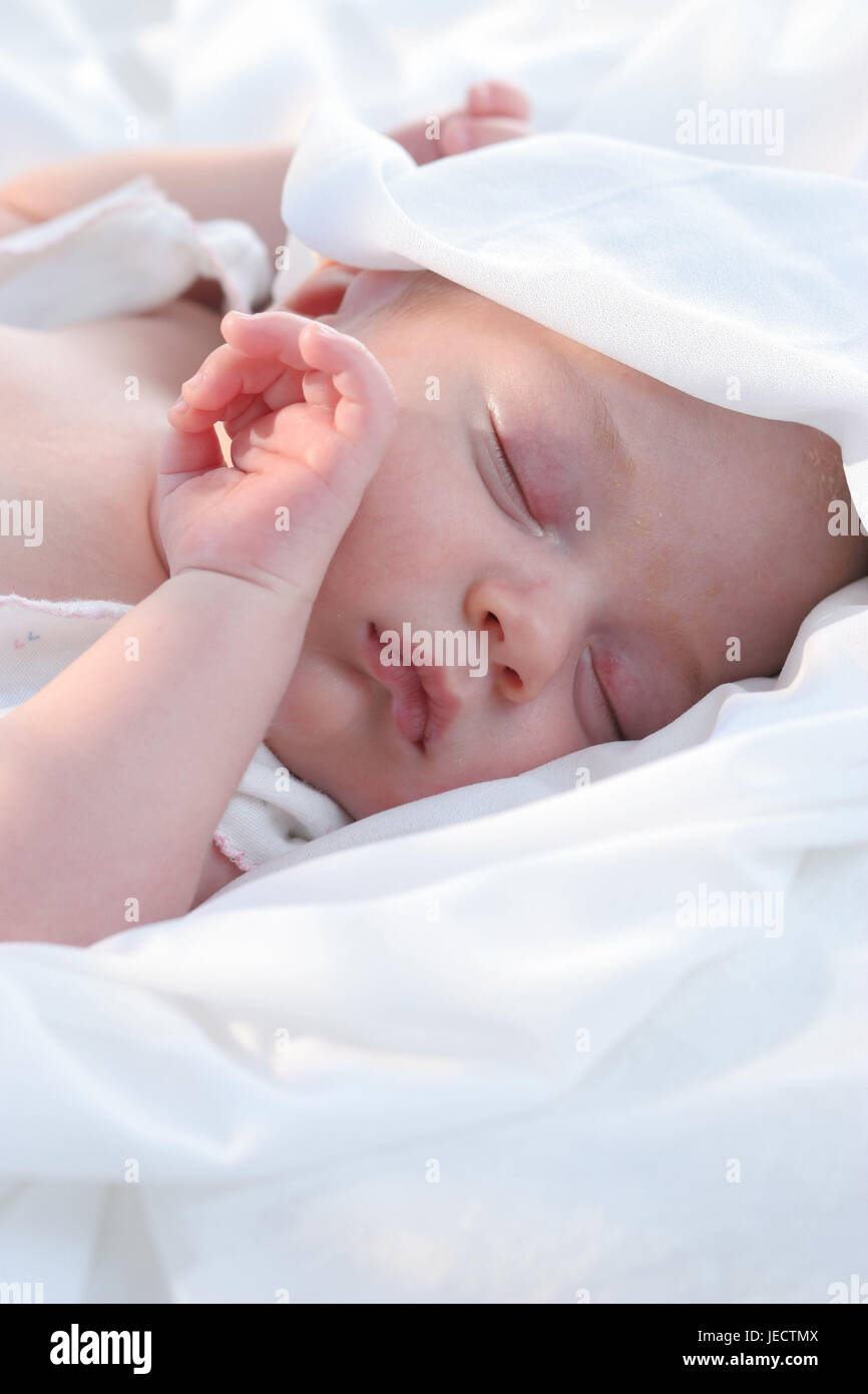 Baby, sleep, portrait, person, child, girl, boy, infant, lie, back position, cap, white, fatigue, after-lunch sleep, rest, peacefully, softly, innocently, child portrait, hand, look, quietly, childhood, Stock Photo