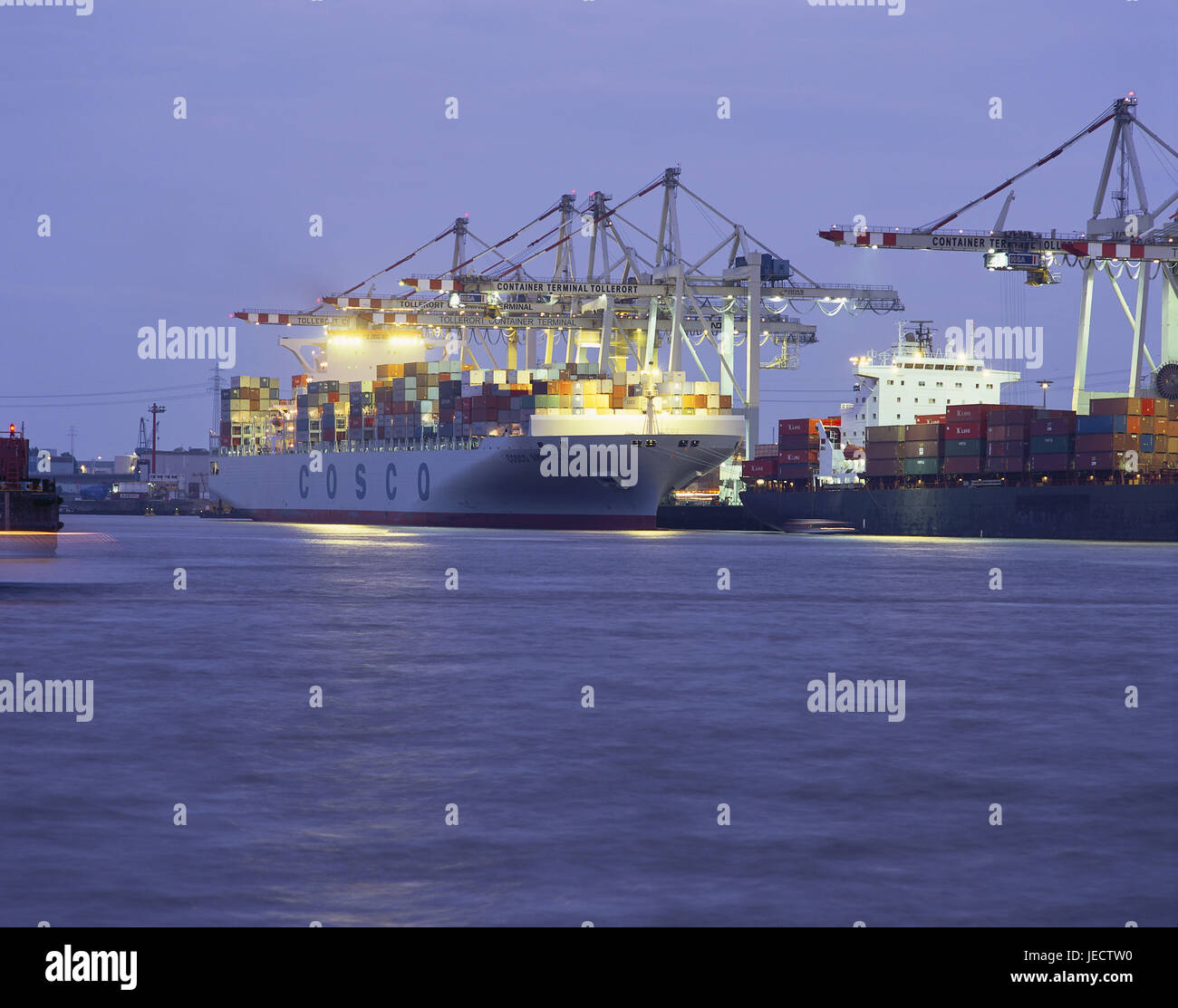 Germany, Hamburg, container port, loading engines, evening, town, harbour, ships, freighters, freighters, charge, export, import, ship, container, navigation, economy, container terminal, great place, lights, illuminateds, at night, Stock Photo