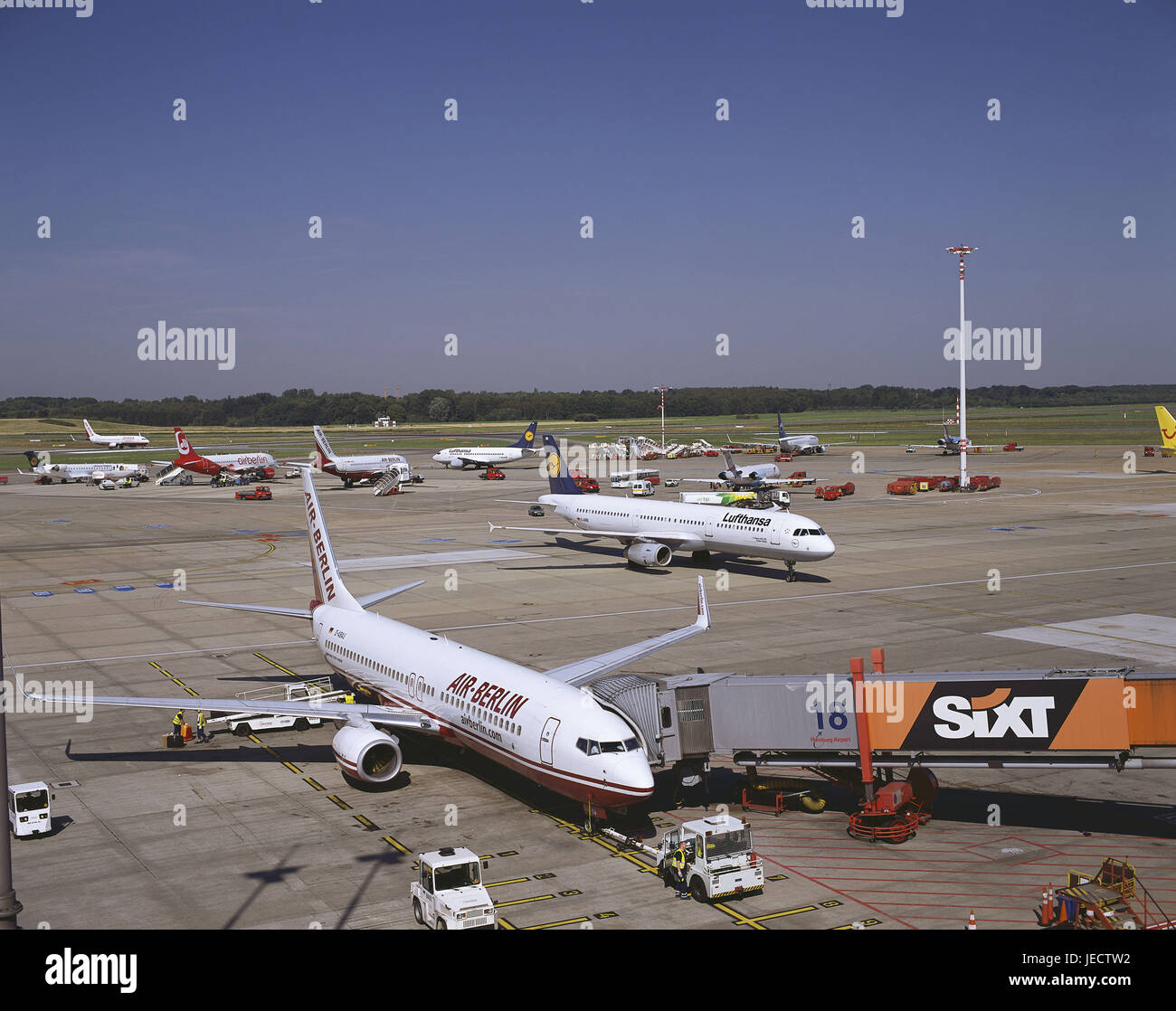 Germany, Hamburg, airport of Fuhlsbüttel, landing field, airplanes, town, port, Hanseatic town, travel, vacation, journey by air, area, airport grounds, approach, gangway, air liners, air Berlin, Lufthansa, Stock Photo