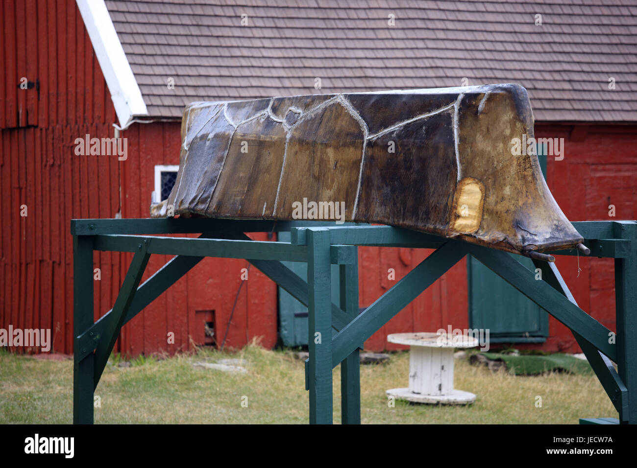 Greenland, Sisimiut, museum, mounting, canoe, historically, Western Greenland, town, destination, place of interest, culture, outside, Inuit, Inuit culture, house, building, wooden house, red, architecture, wooden rack, device, deserted, Stock Photo