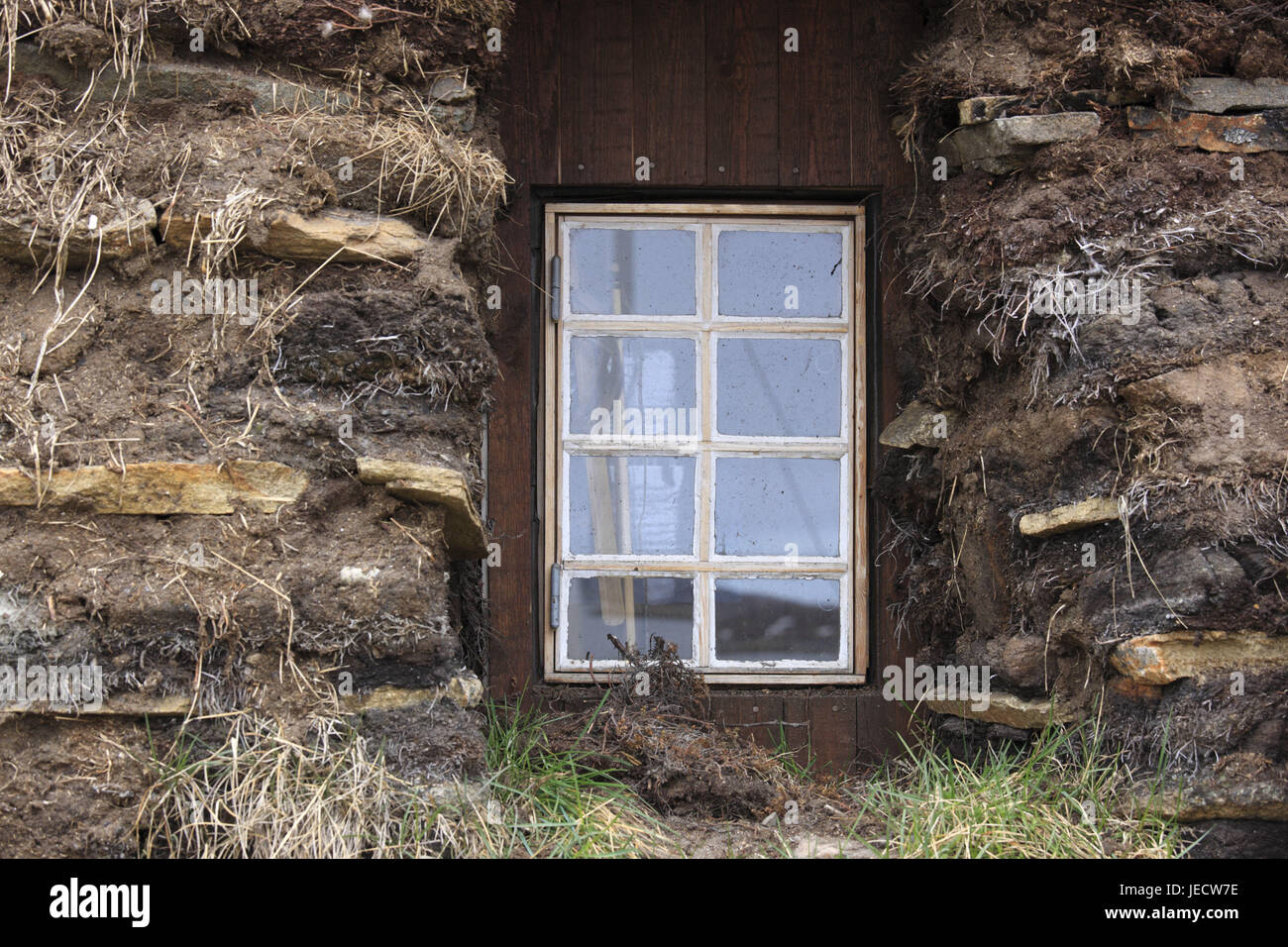 Greenland, Sisimiut, museum, earth house, window, detail, Western Greenland, town, destination, place of interest, culture, outside, Inuit, Inuit culture, house, building, architecture, defensive walls, earth steelworks, rung window, stones, Stock Photo