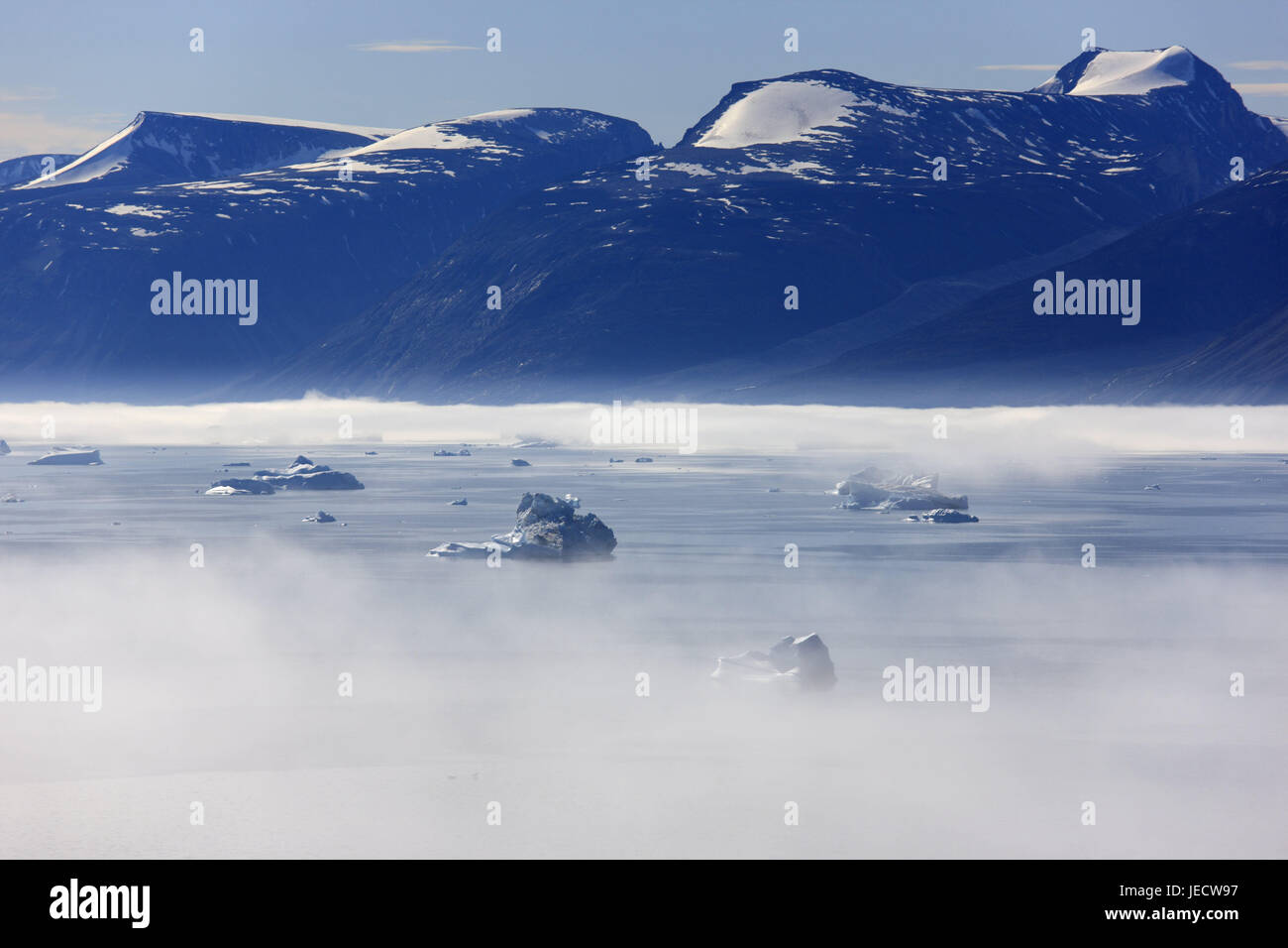 Greenland, Uummannaq, coastal scenery, sea, icebergs, fog, Northern Greenland, destination, the Arctic, mountains, E sharp, snow, deserted, nebulous sea, mystically, rocks, rocky, glacier, cold, water, view, Stock Photo