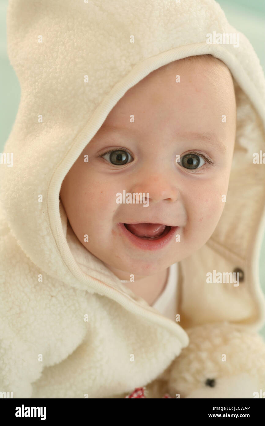 Baby, 6 months, sit, view camera, soft animal, winter, Stock Photo