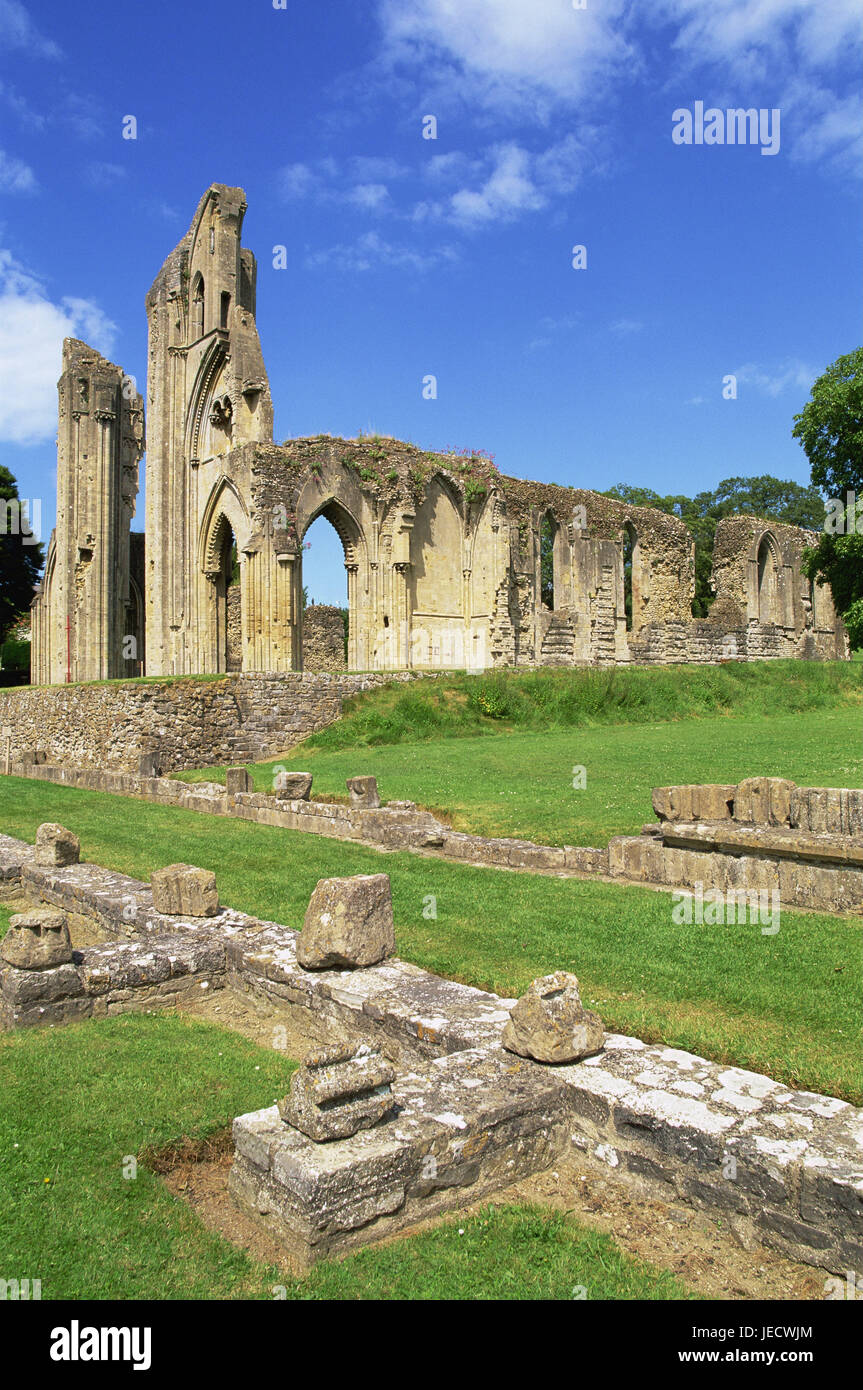 Great Britain, England, Somerset, Glastonbury, Glastonbury Abbey, ruin, Europe, destination, structure, place of interest, architecture, tourism, sunny, sky, cloister, cloister ruin, defensive walls, remains, abbey, destroyed, deserted, church, sacred construction, faith, religion, Christianity, Stock Photo