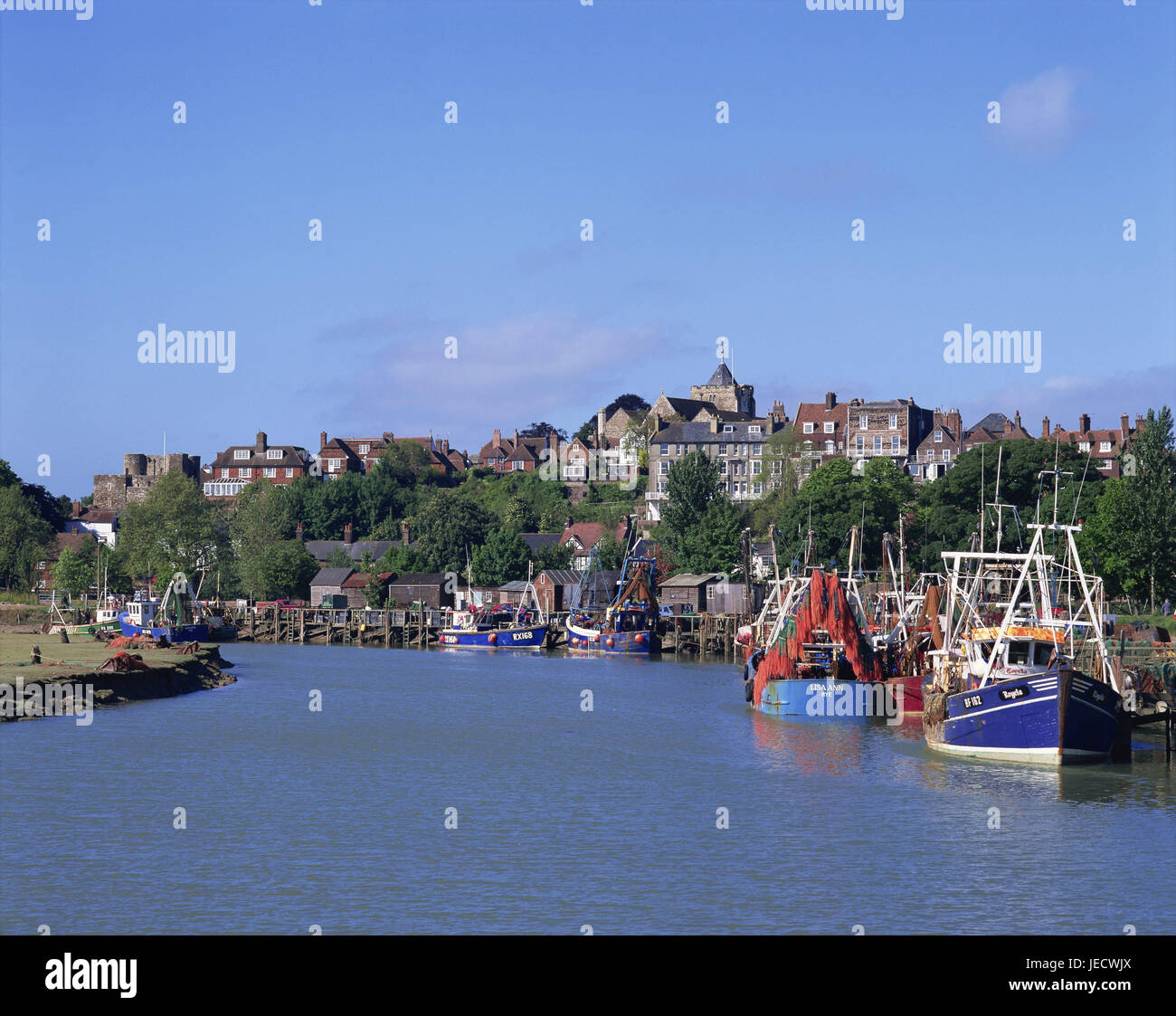 Great Britain, England, Sussex, Rye, town view, river, boats, Europe, town, houses, buildings, architecture, residential houses, riversides, landing stage, sea town, navigation, angling, fishing trawler, fishing boats, Stock Photo