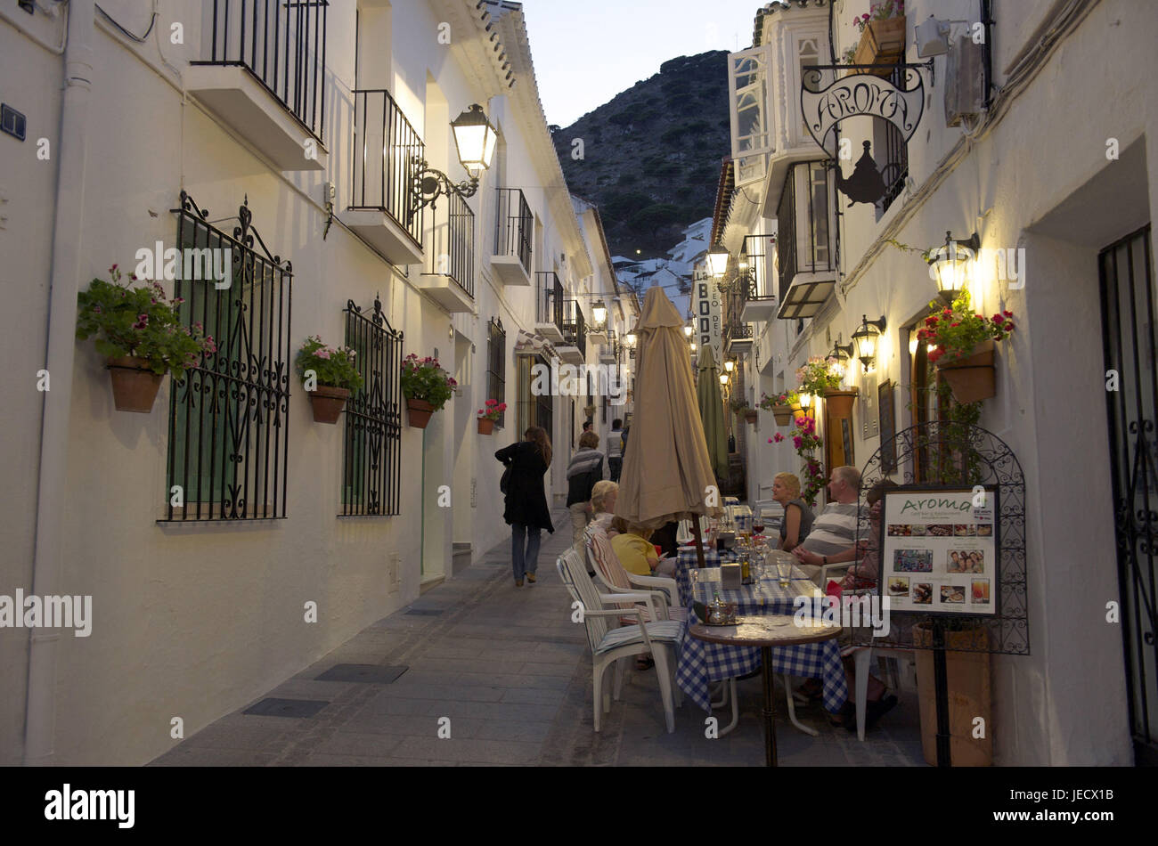 At night Spain, Andalusia, Costa del Sol, Mijas, guests sit before a restaurant, Stock Photo