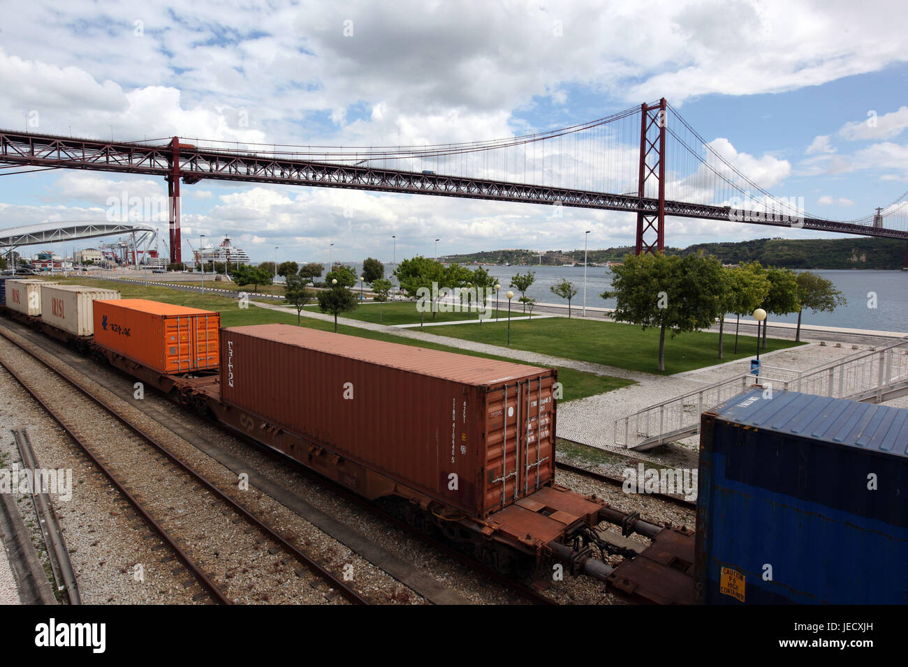 Portugal, Lisbon, Belem, Tejo, bridge 'Ponte 25 de Abril', harbour, railroad, economy, export, import, Stock Photo