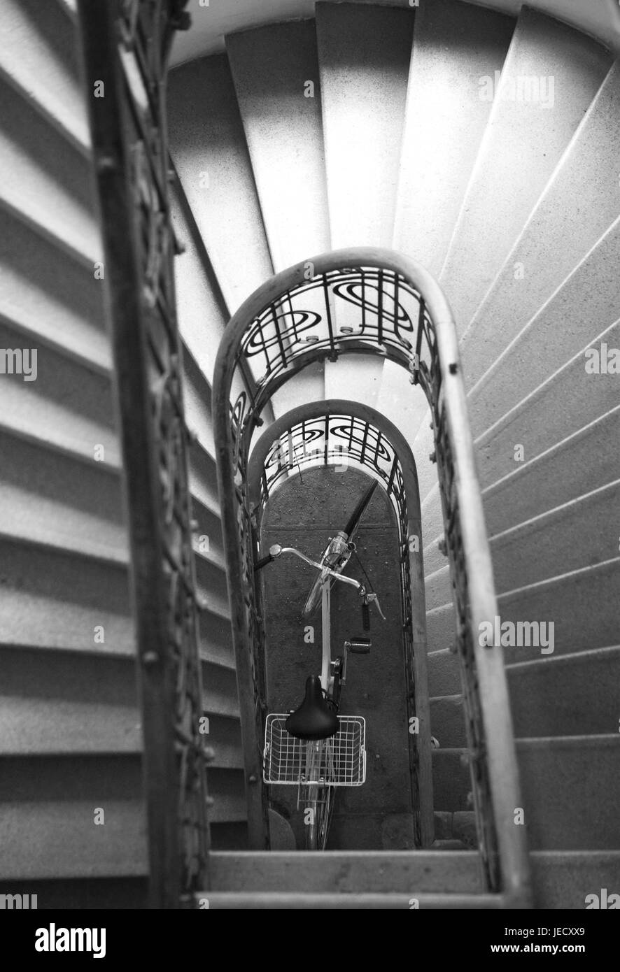 Stairwell, bicycle, from above, s/w, Austria, Vienna, Stock Photo