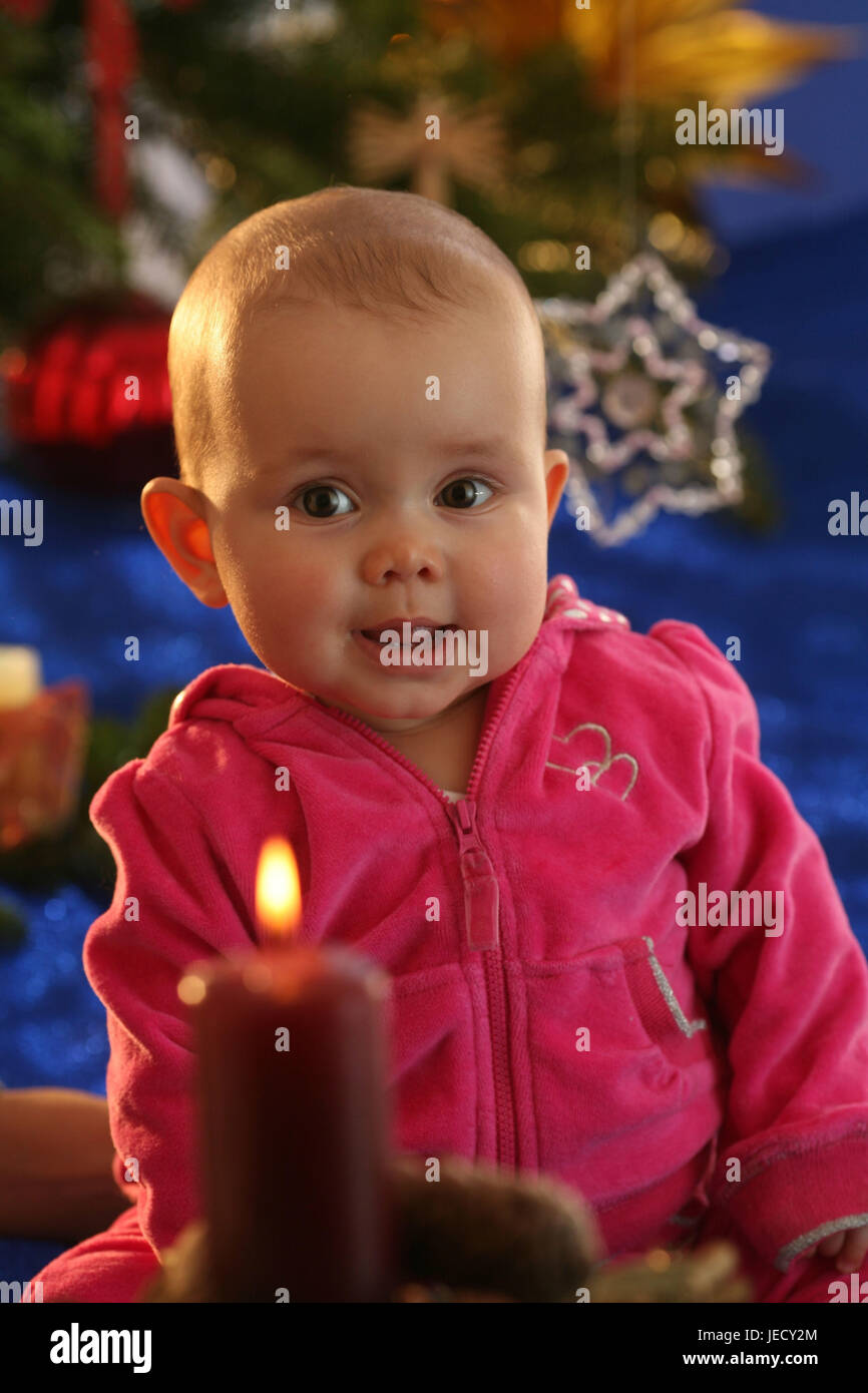 Baby, 6 months, sit, Christmas tree, skyer, presents, big eyes, Stock Photo