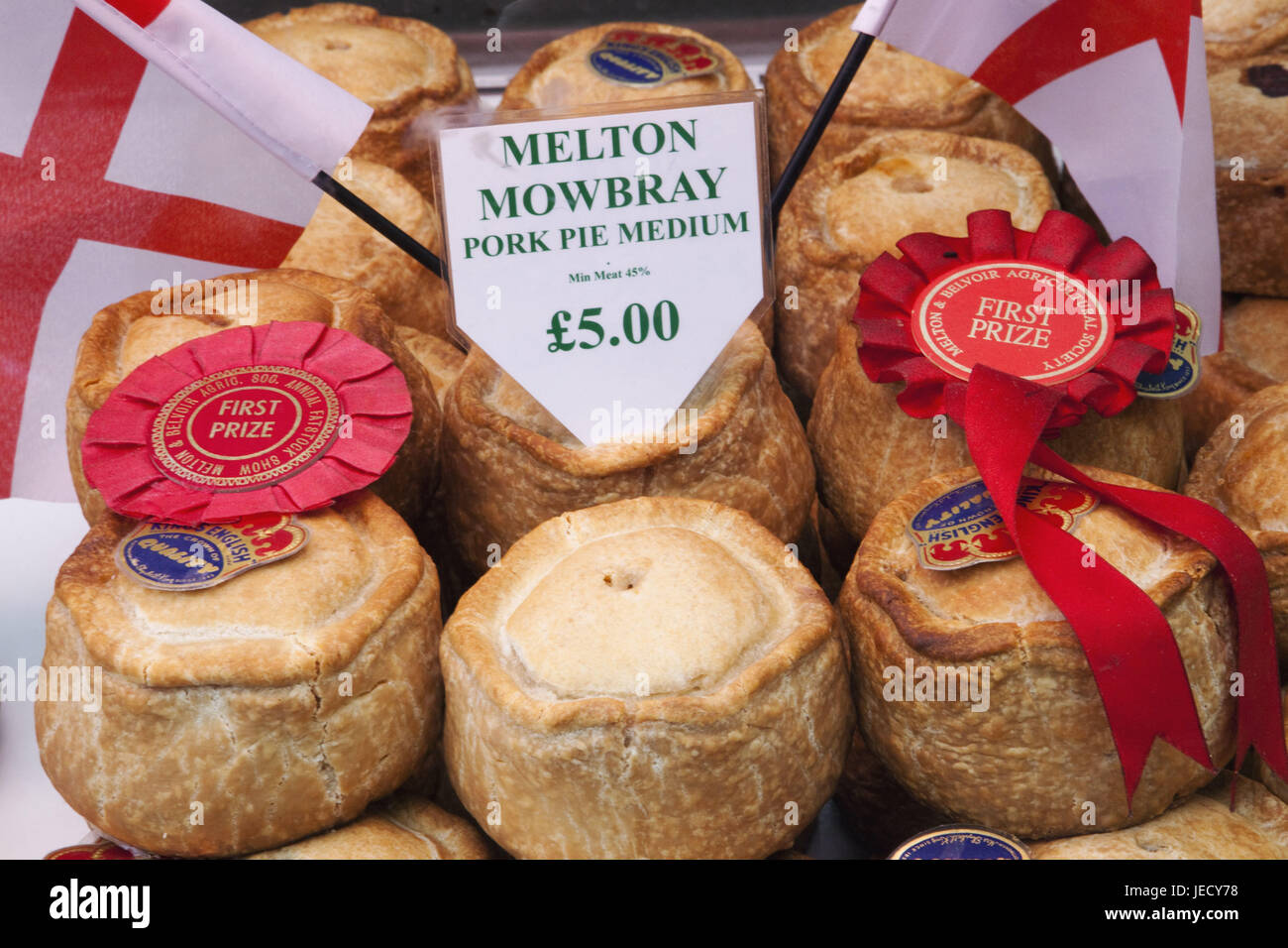 England, London, Southwark, borough Market, food state, game Boar Meat Pies, town, food market, Meat Pie, wild boar, medium close-up, award, flag, price tag, Stock Photo