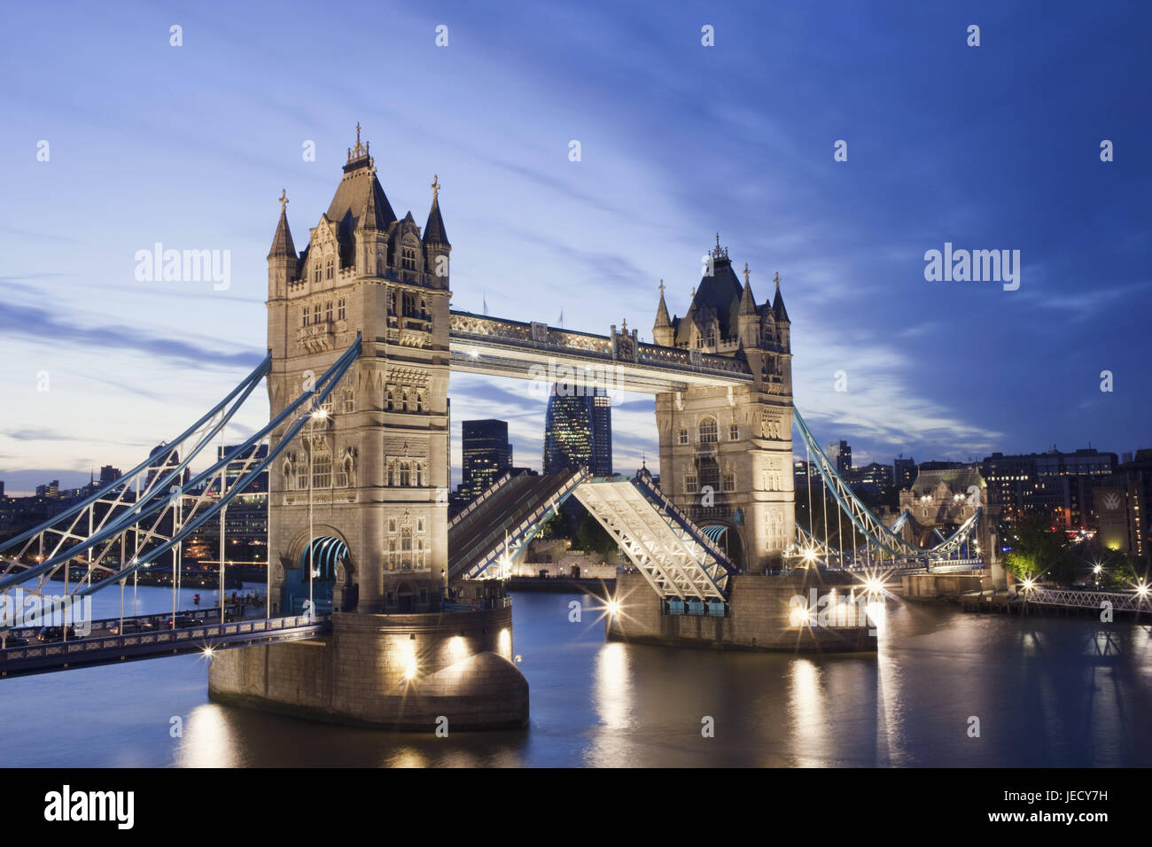 England, London, Tower Bridge, opened, the Thames, dusk, town, architecture, structure, landmark, monument, bridge, river, illuminateds, openly, balance bridge, Stock Photo
