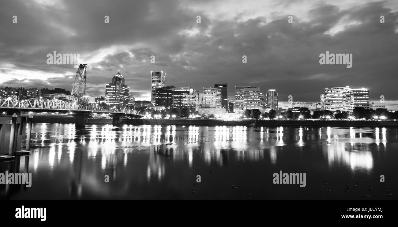 Black and White representation of downtown Portland Oregon at night Stock Photo