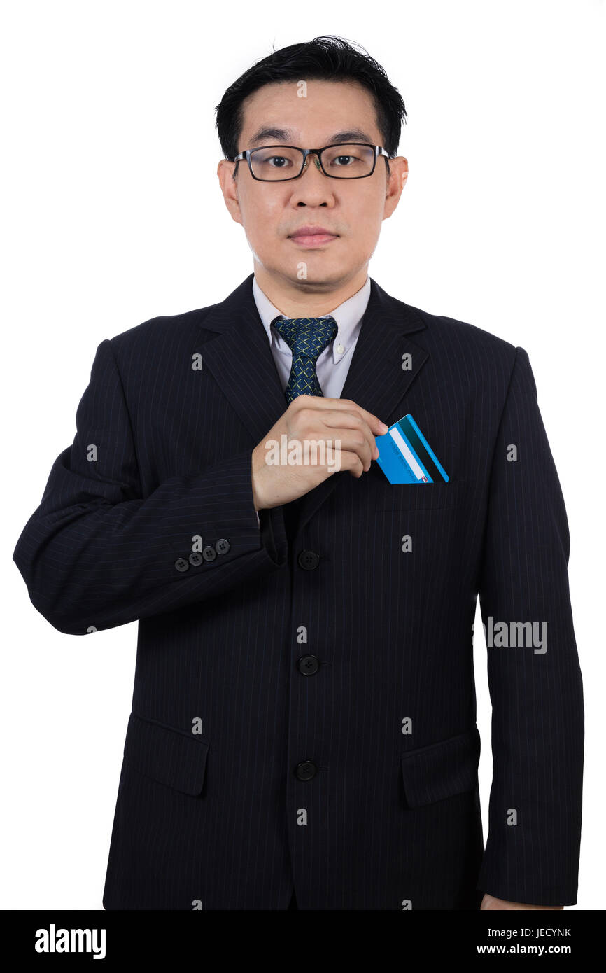 Smart Asian Chinese man wearing suit and holding credit card in
