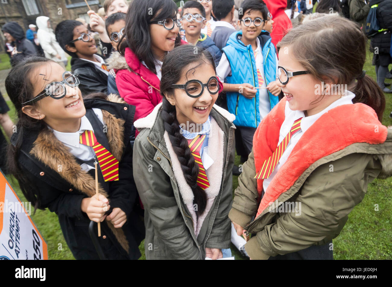 Children dressed as Harry Potter at Smithills Hall in Bolton, before an attempt to break the Guinness World Record for the Largest Gathering of People Dressed as the boy wizard. Stock Photo