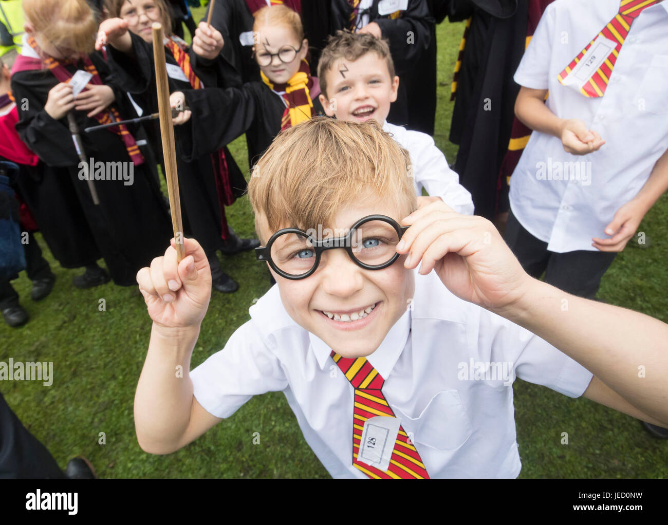Cole Harris dressed as Harry Potter at Smithills Hall in Bolton, before an attempt to break the Guinness World Record for the Largest Gathering of People Dressed as the boy wizard. Stock Photo