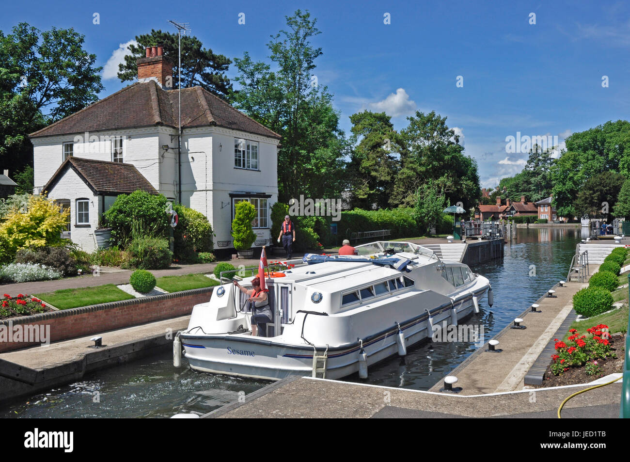 River cruiser leaving Marlow Lock - upstream river Thames - lock keepers cottage - flower beds - summer sunlight - trees - reflections Stock Photo