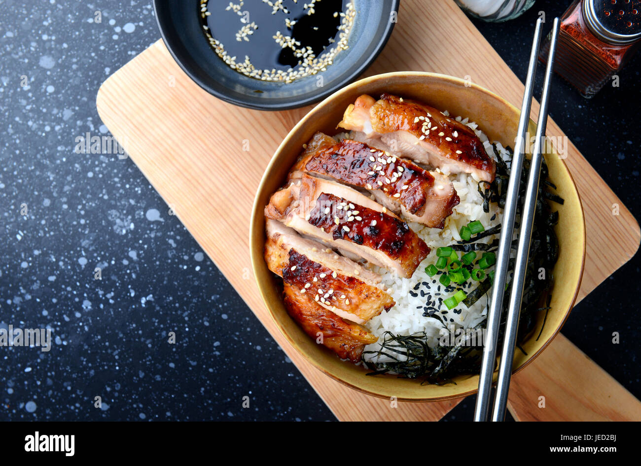 Rice with teriyaki chicken grill or teriyaki don in Japanese style set