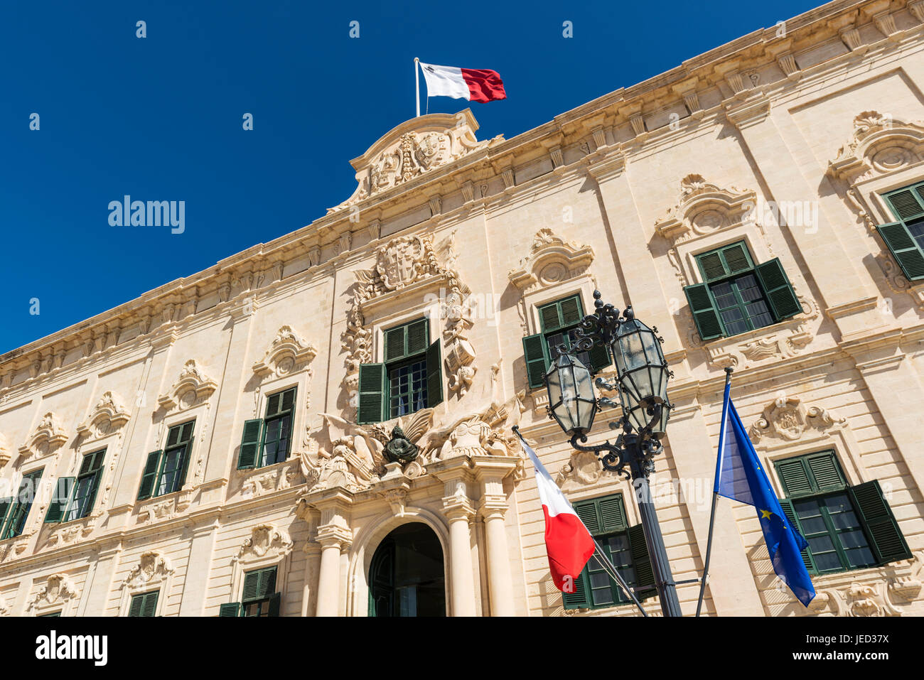 The lovely proportionate Auberge de Castille is a baroque palace in Valletta, currently the offices of the Prime Minister of Malta. Stock Photo