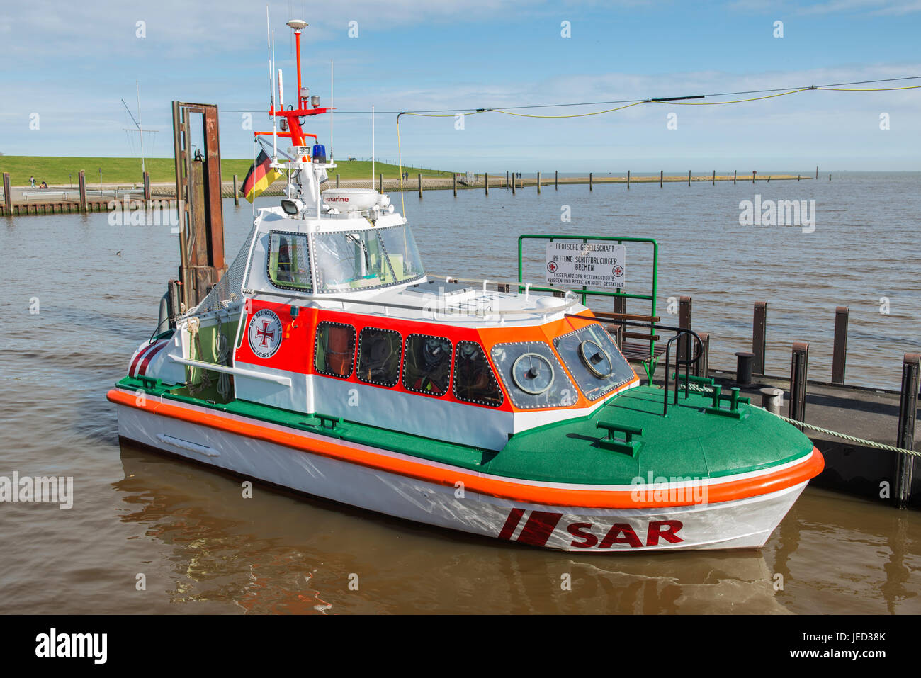 Horumersiel, Germany - March 11, 2017: Search and Rescue, SAR, boat of Germany life saving association, port of Horumersiel, North Sea, Germany. The D Stock Photo
