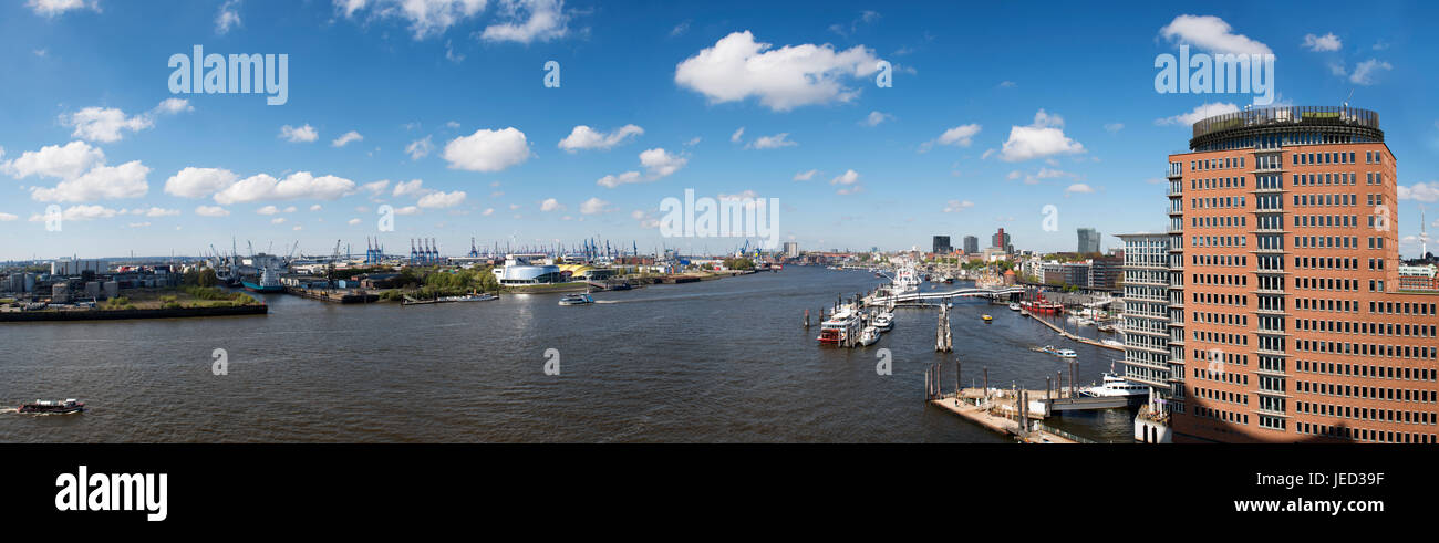 Hamburg, Germany - April 29, 2017: High resolution panoramic view of Hamburg city skyline seen from HafenCity Stock Photo