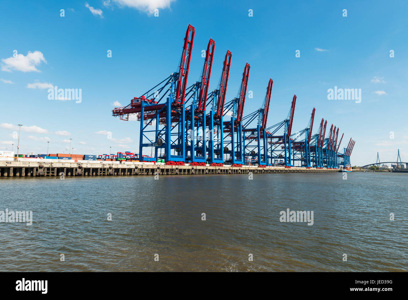 Hamburg, Germany - April 30, 2017: Beautiful view of Hamburg habour and cargo port,  the largest port in Germany and one of the busiest ports in Europ Stock Photo